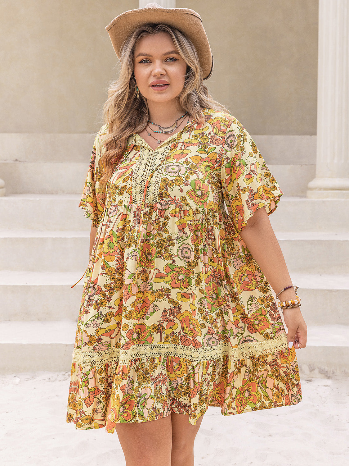 Plus Size Boho Printed Tie Neck Short Sleeve Mini Dress Dress Krazy Heart Designs Boutique Apricot 0XL
