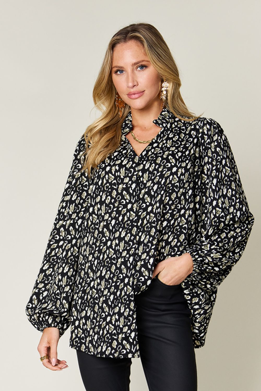 Double Take Full Size Leopard Long Sleeve Blouse (2 Colors) Shirts & Tops Krazy Heart Designs Boutique Black S 