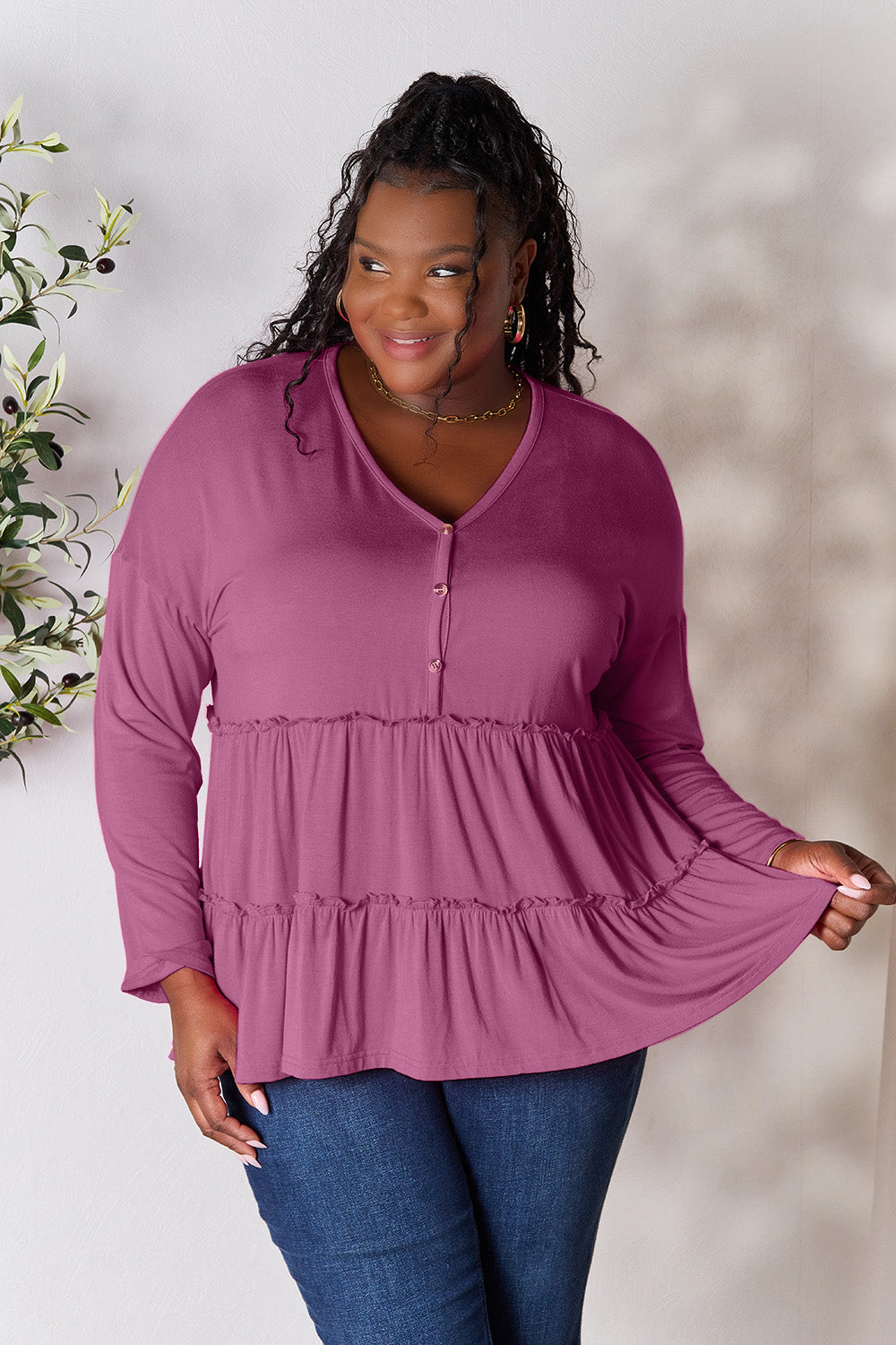 Double Take Half Button Long Sleeve Ruffle Hem Blouse (7 Colors) Shirts & Tops Krazy Heart Designs Boutique Lilac S 