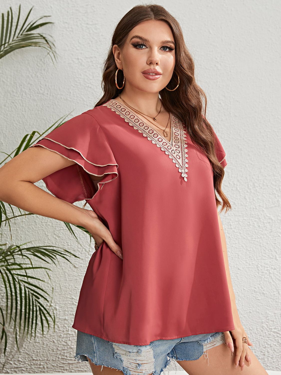 Honey Plus Size Contrast V-Neck Layered Flutter Sleeve Blouse Shirts & Tops Krazy Heart Designs Boutique   