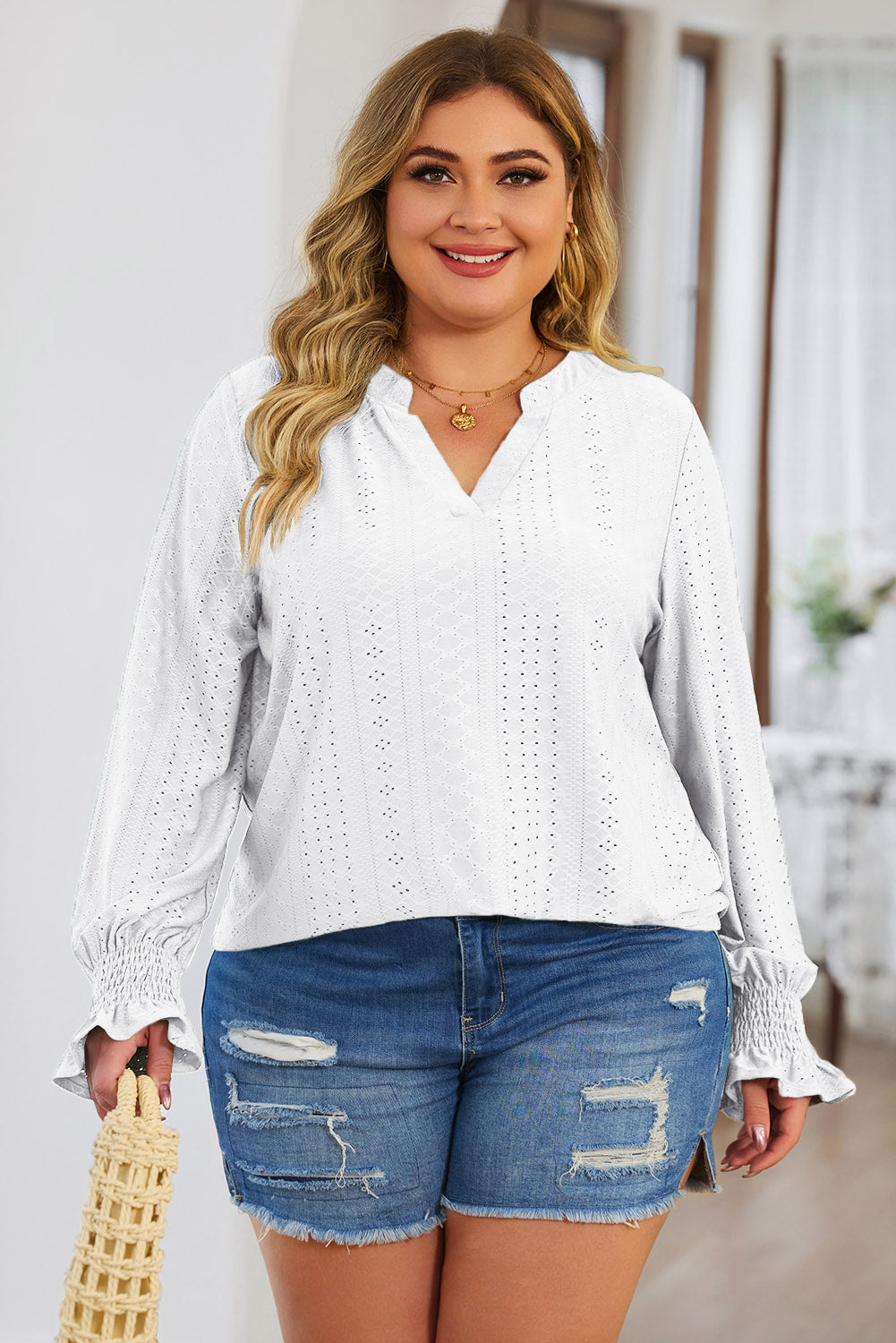 Plus Size Eyelet Notched Flounce Sleeve Blouse (4 Colors) Shirts & Tops Krazy Heart Designs Boutique   