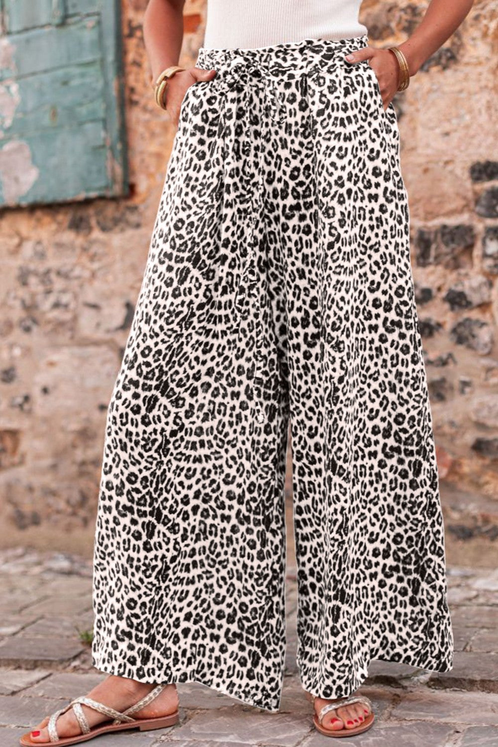 Leopard Drawstring Wide Leg Pants pants Krazy Heart Designs Boutique Beige L 