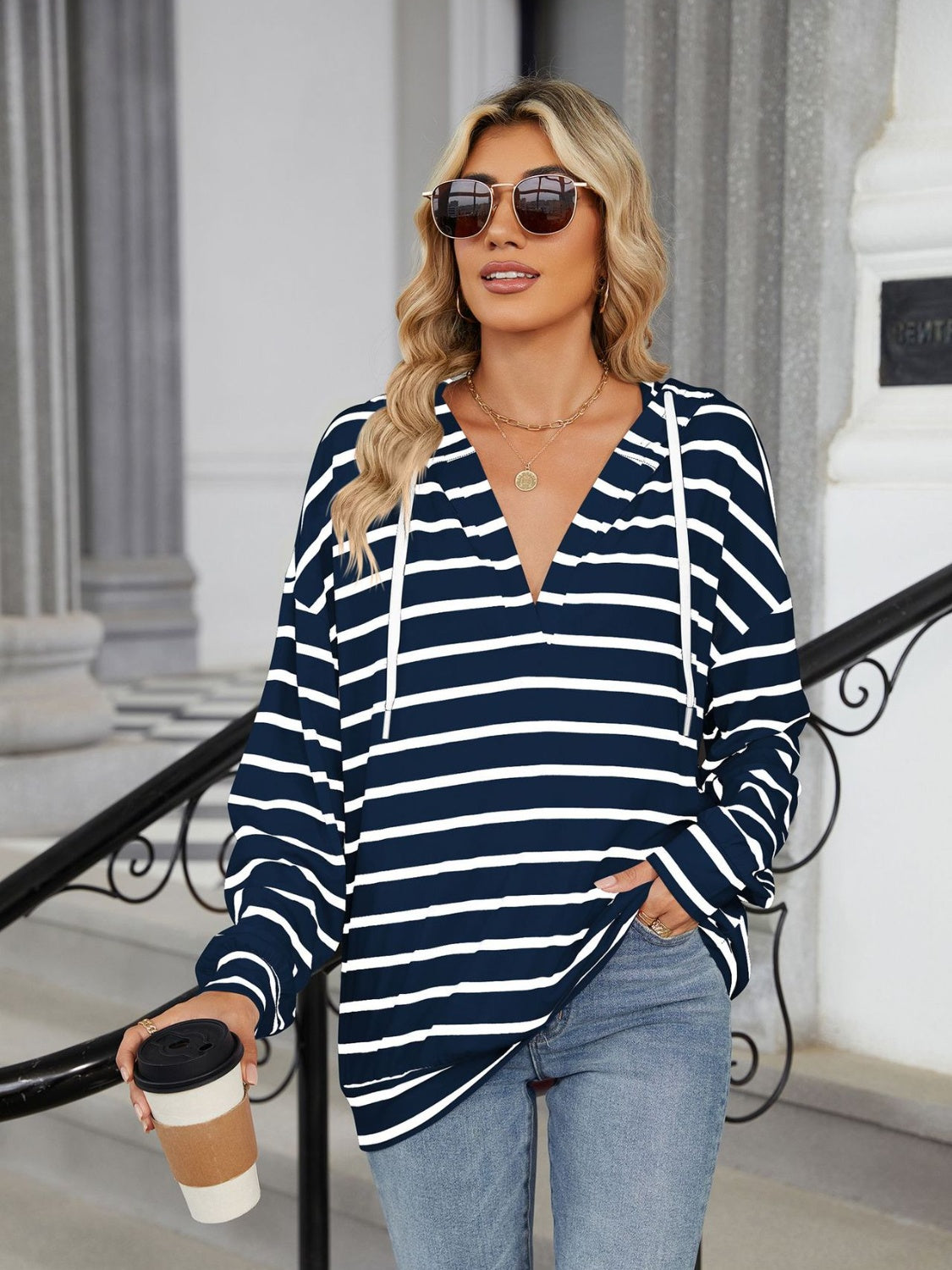 Drawstring Striped Long Sleeve Hoodie (5 Colors) Shirts & Tops Krazy Heart Designs Boutique Dark Navy S 