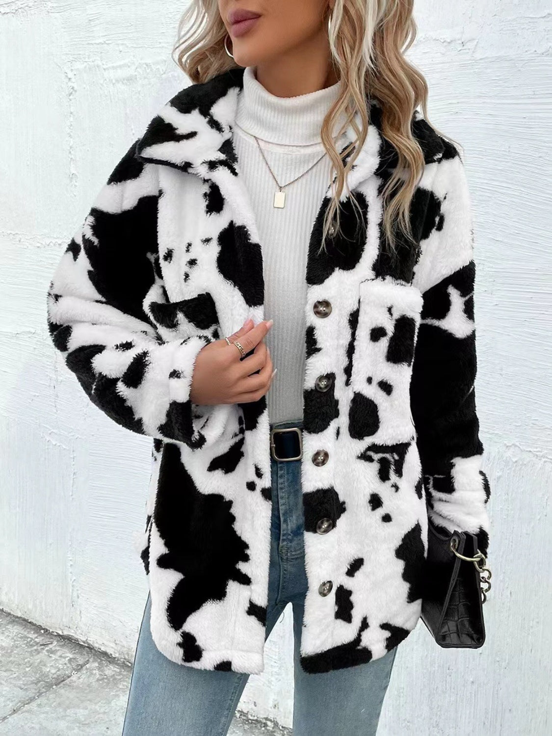 Cow Print Collared Neck Button Up Fuzzy Jacket (2 Color Styles) Jacket Krazy Heart Designs Boutique   