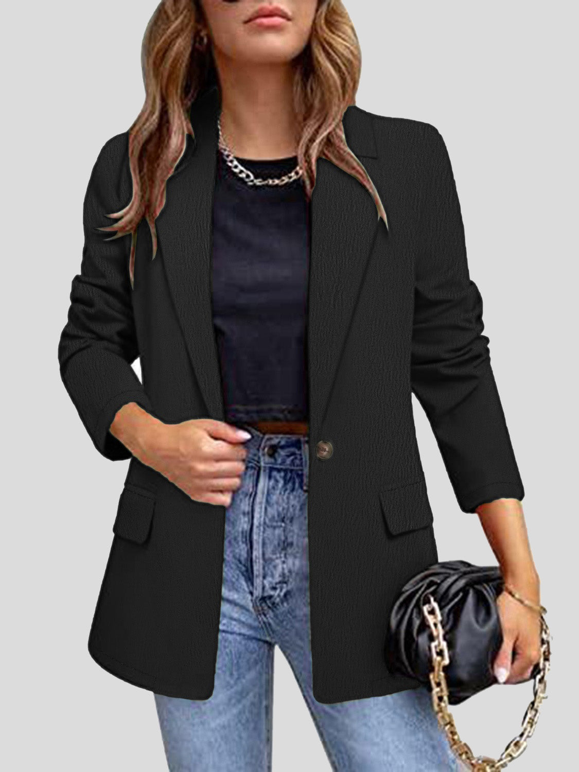 Lapel Collar Long Sleeve Blazer Blazer Krazy Heart Designs Boutique Black S