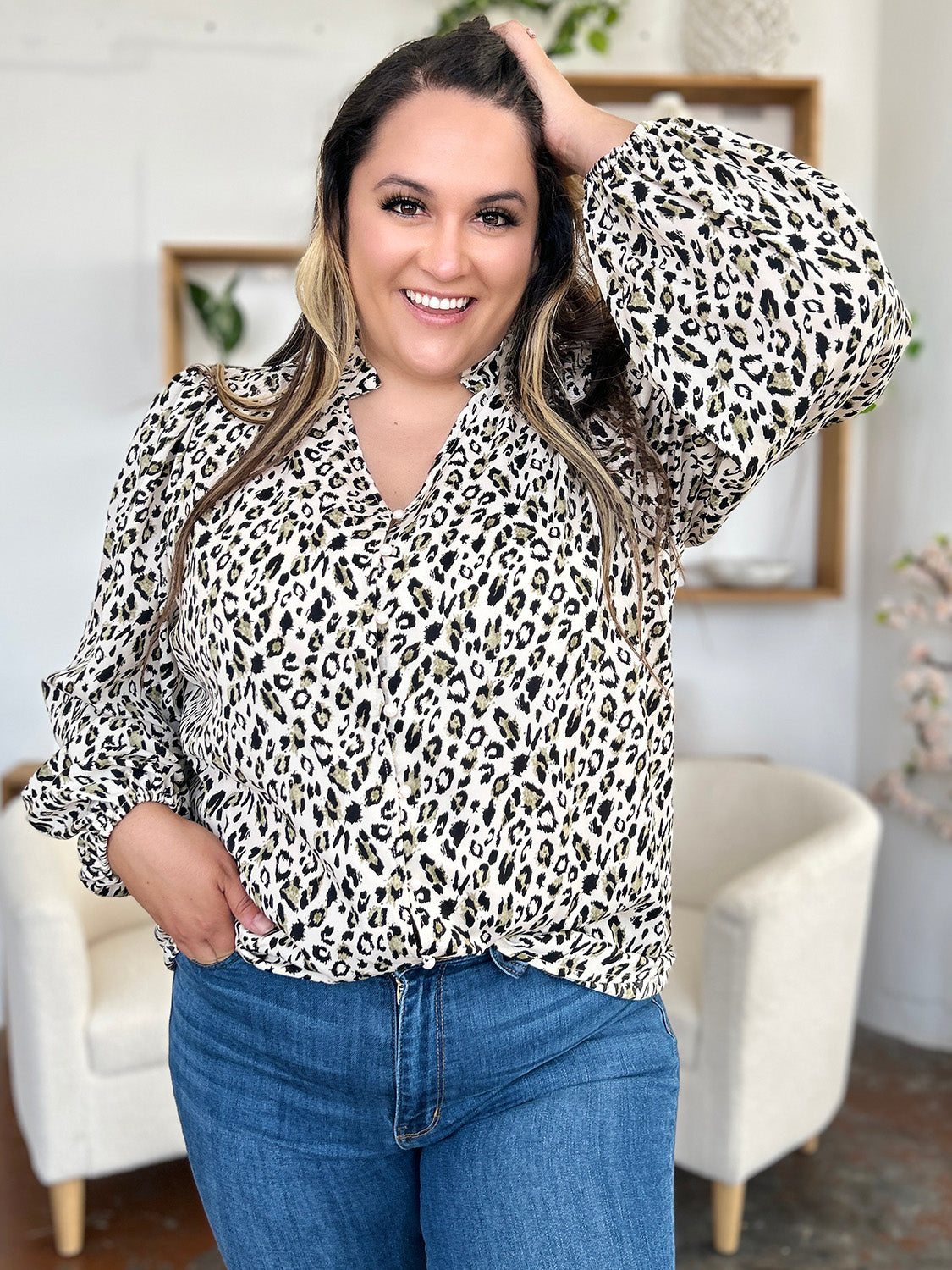 Double Take Full Size Leopard Long Sleeve Blouse (2 Colors) Shirts & Tops Krazy Heart Designs Boutique   