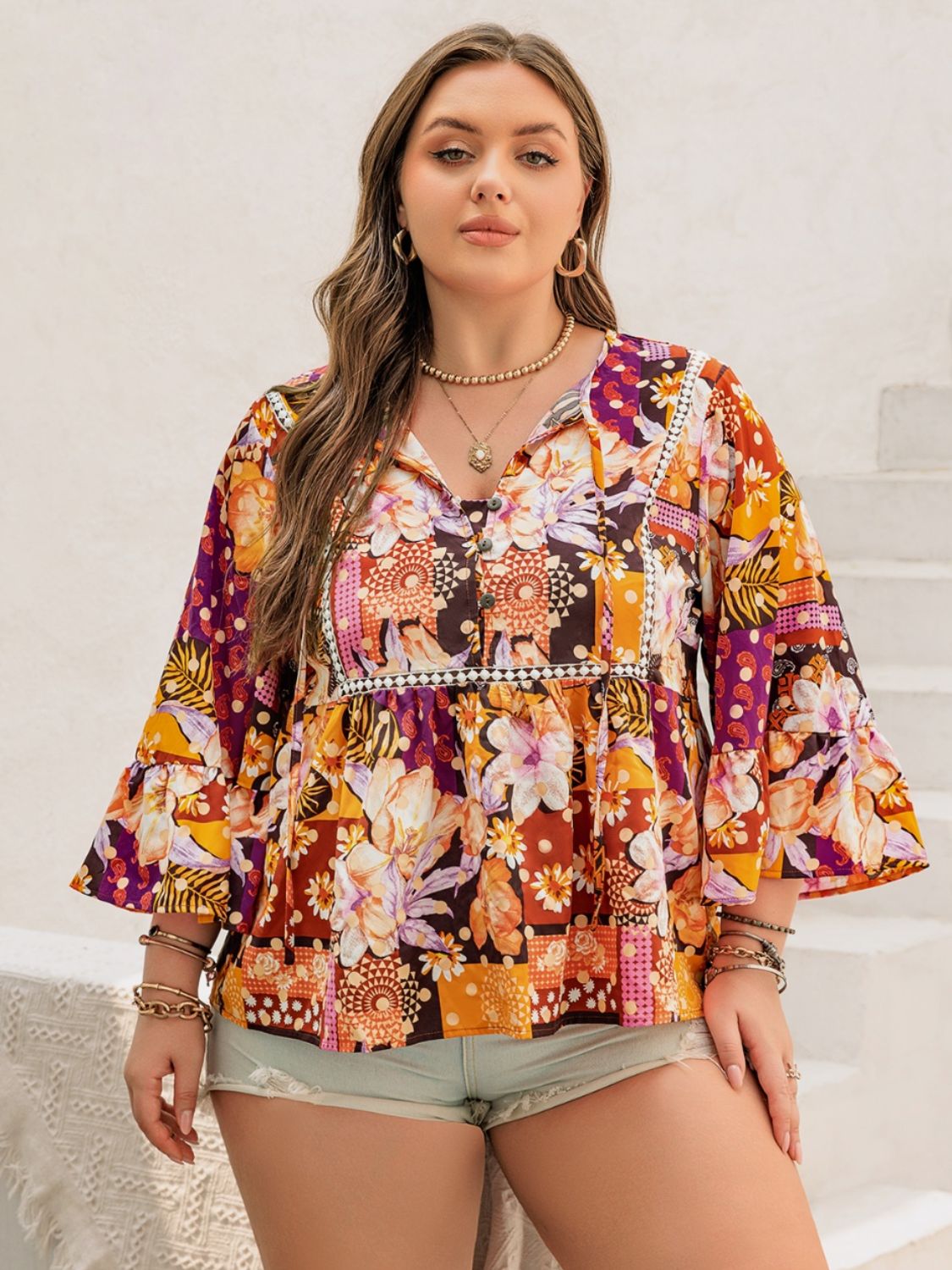 Plus Size Floral Printed Tie Neck Blouse Shirts & Tops Krazy Heart Designs Boutique Tangerine 0XL 