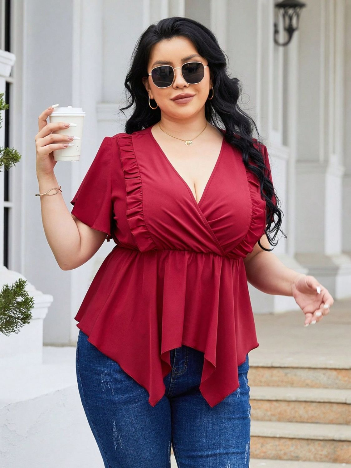 Plus Size Frill Surplice Flutter Sleeve Blouse Shirts & Tops Krazy Heart Designs Boutique Deep Red 1XL 