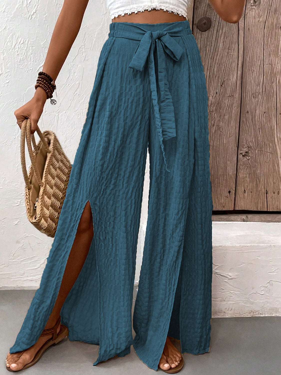 Boho Honey Tied Slit Wide Leg Pants (2 Colors) pants Krazy Heart Designs Boutique French Blue S
