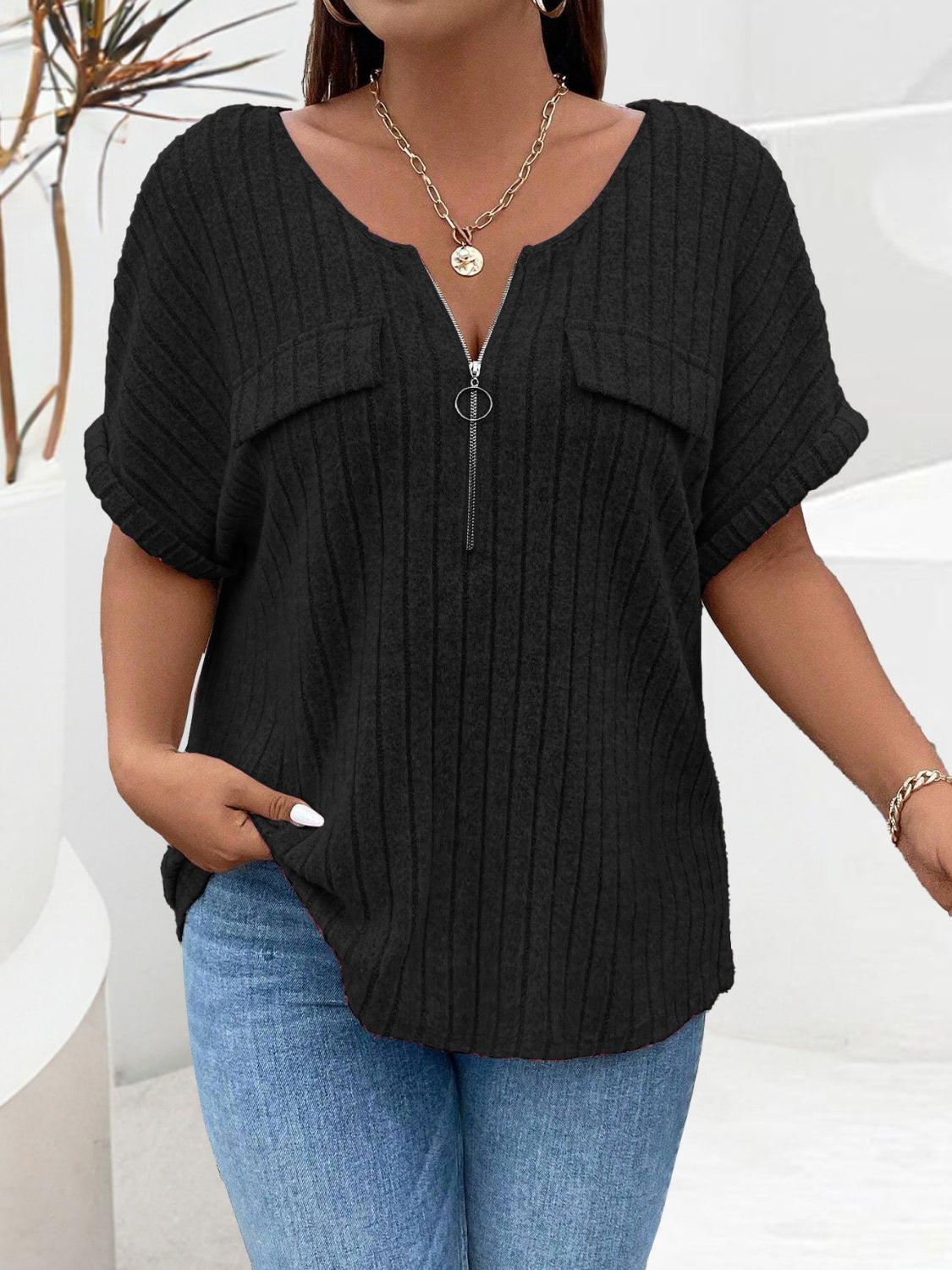 Plus Size Half Zip Short Sleeve Top (4 Colors) Shirts & Tops Krazy Heart Designs Boutique Black 1XL 