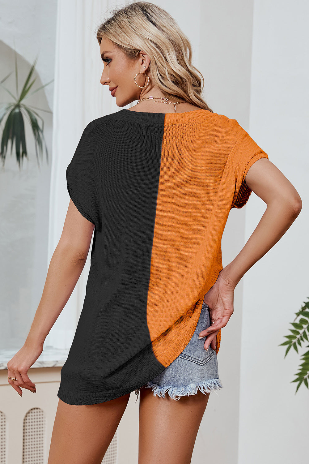 Color Block V-Neck Short Sleeve Knit Top (8 Colors) Shirts & Tops Krazy Heart Designs Boutique