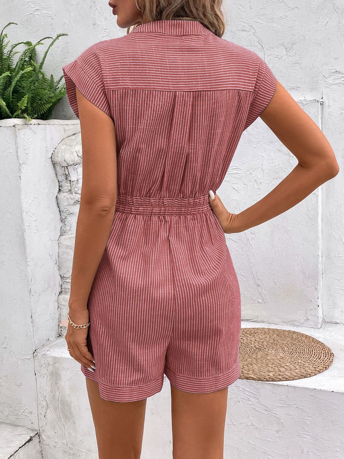 Striped Notched Tie Waist Romper (6 Colors) Outfit Sets Krazy Heart Designs Boutique   