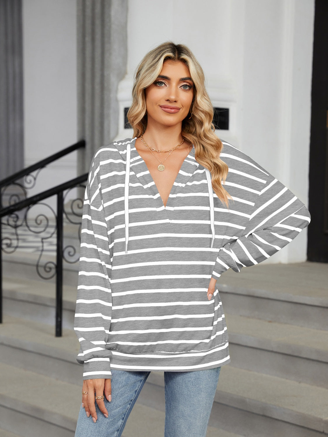 Drawstring Striped Long Sleeve Hoodie (5 Colors) Shirts & Tops Krazy Heart Designs Boutique Gray S 