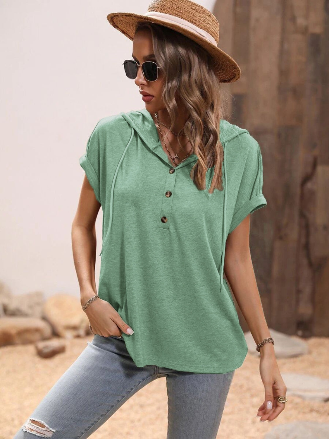 Half Button Hooded Short Sleeve Blouse (4 Colors) Shirts & Tops Krazy Heart Designs Boutique Gum Leaf S 