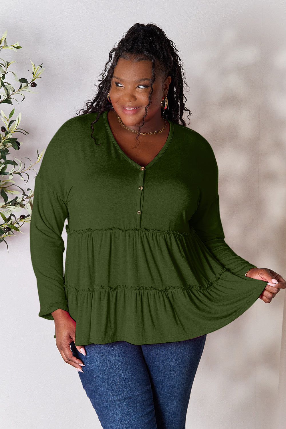 Double Take Half Button Long Sleeve Ruffle Hem Blouse (7 Colors) Shirts & Tops Krazy Heart Designs Boutique Army Green S 