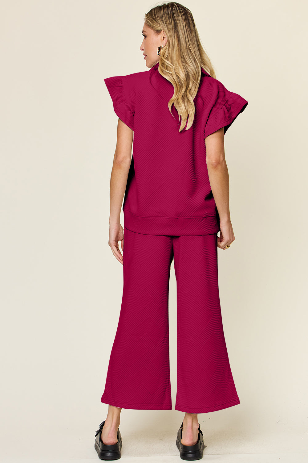 Double Take Texture Ruffle Short Sleeve Top and Drawstring Wide Leg Pants Set (12 Colors) pantsuit Krazy Heart Designs Boutique