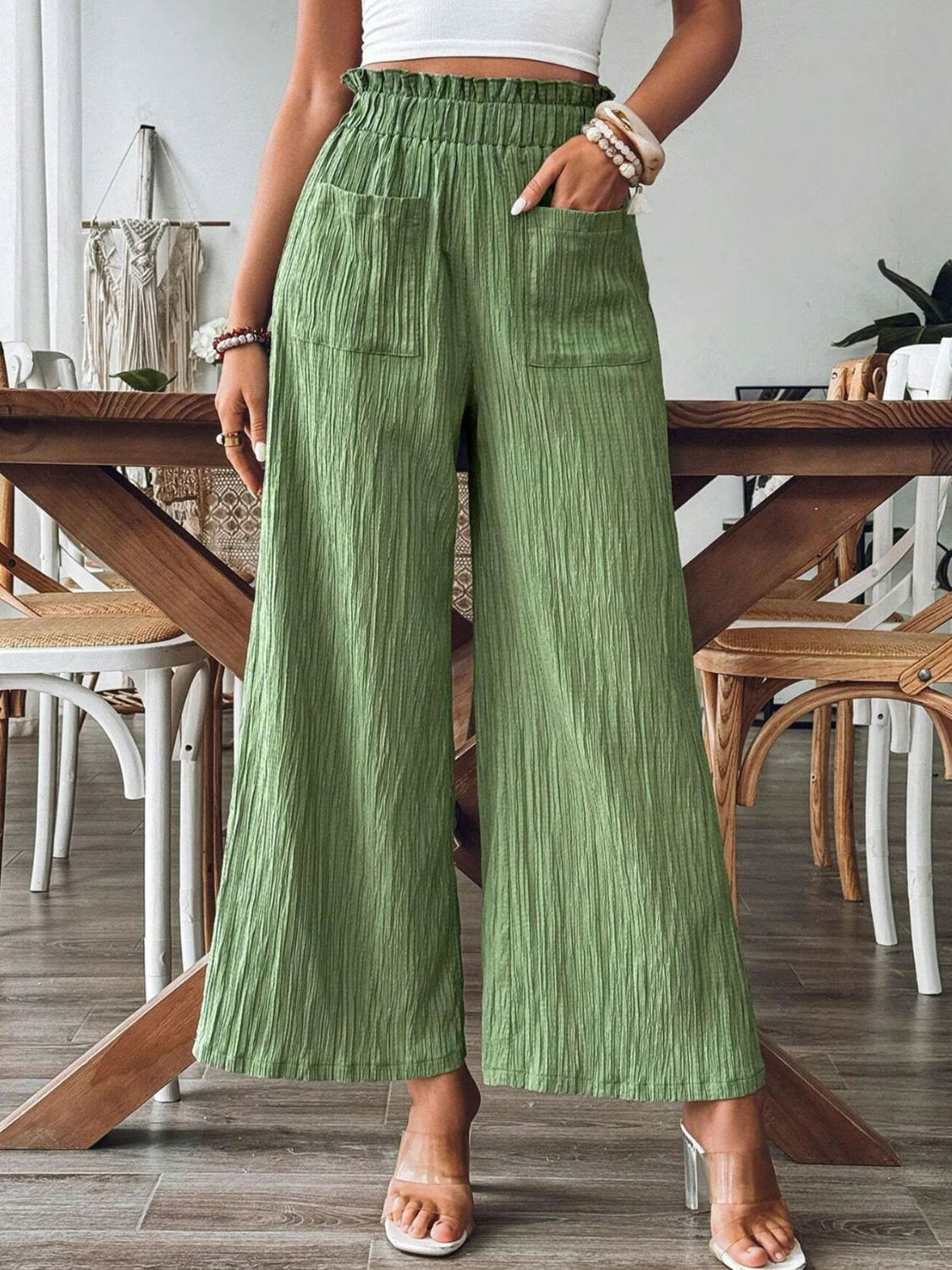 Pocketed Elastic Waist Wide Leg Pants (3 Colors) pants Krazy Heart Designs Boutique Green S