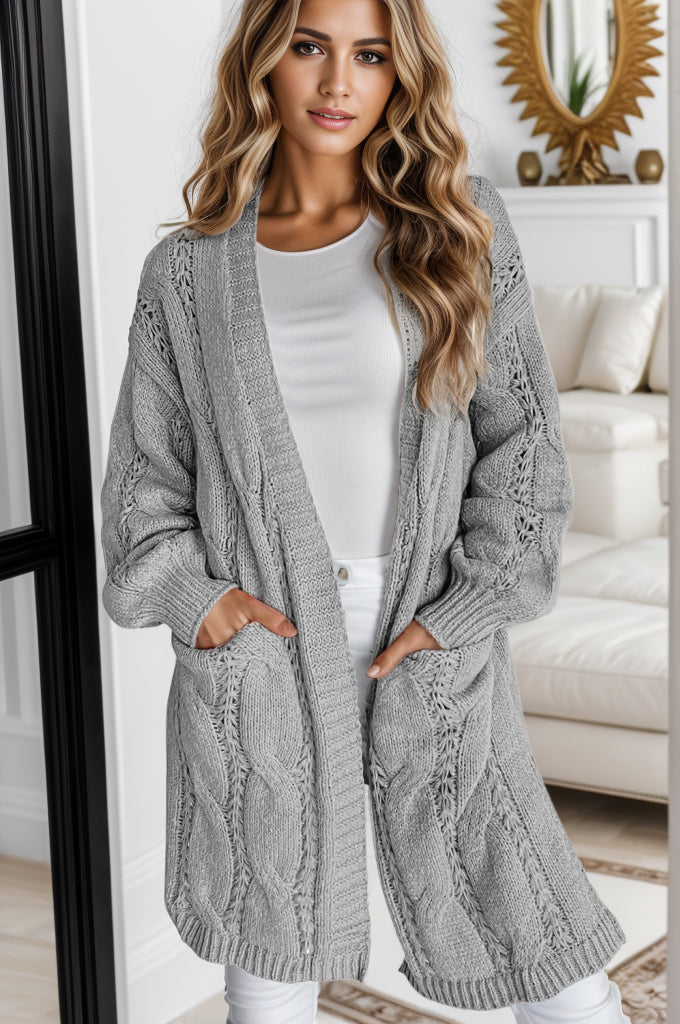 Cable-Knit Dropped Shoulder Slit Cardigan (7 Colors) Shirts & Tops Krazy Heart Designs Boutique Light Gray S 