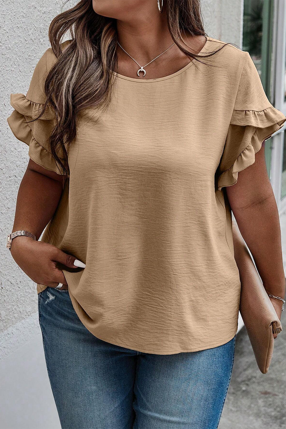 Plus Size Ruffled Petal Sleeve Round Neck Top Shirts & Tops Krazy Heart Designs Boutique Tan 1XL 
