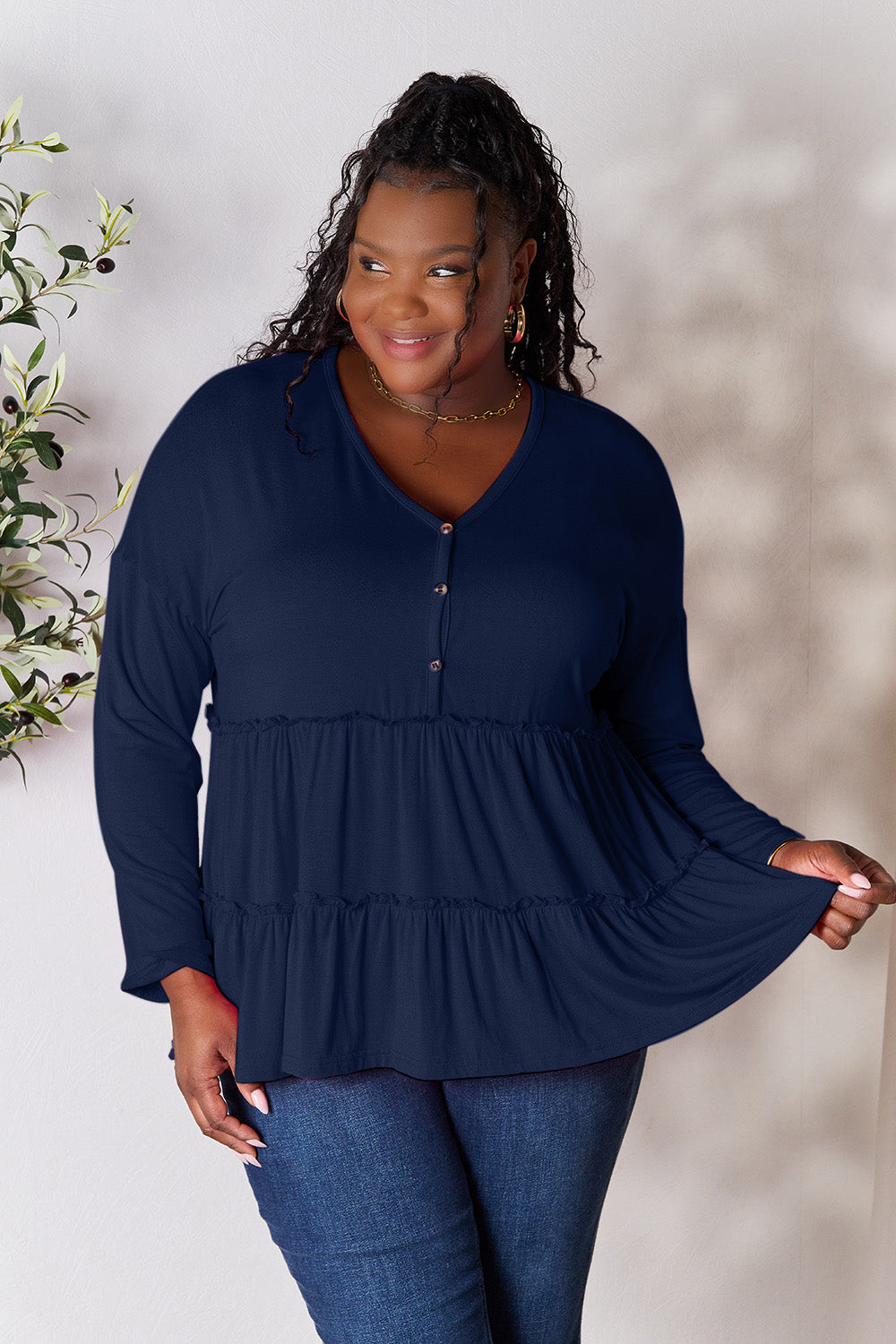 Double Take Half Button Long Sleeve Ruffle Hem Blouse (7 Colors) Shirts & Tops Krazy Heart Designs Boutique Dark Blue S 