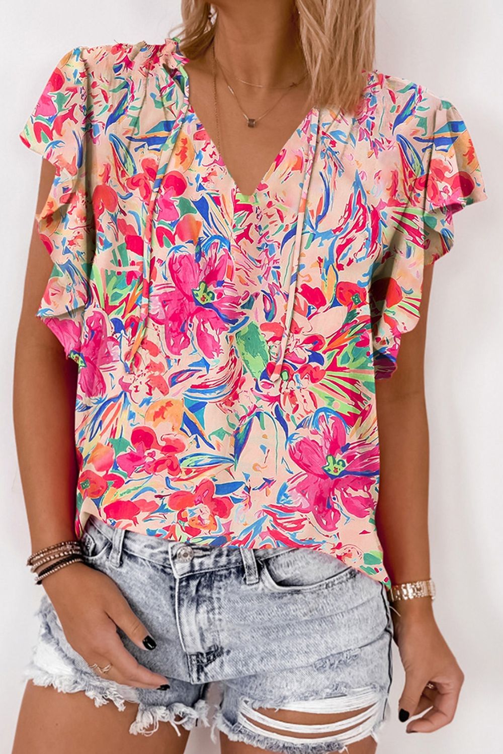 Ruffled Floral Printed Tie Neck Cap Sleeve Blouse Shirts & Tops Krazy Heart Designs Boutique Floral S 