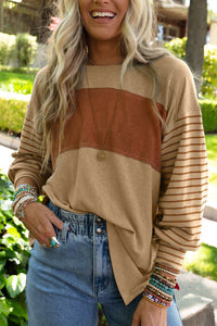 Striped Round Neck Long Sleeve T-Shirt (4 Colors)  Krazy Heart Designs Boutique Camel L 