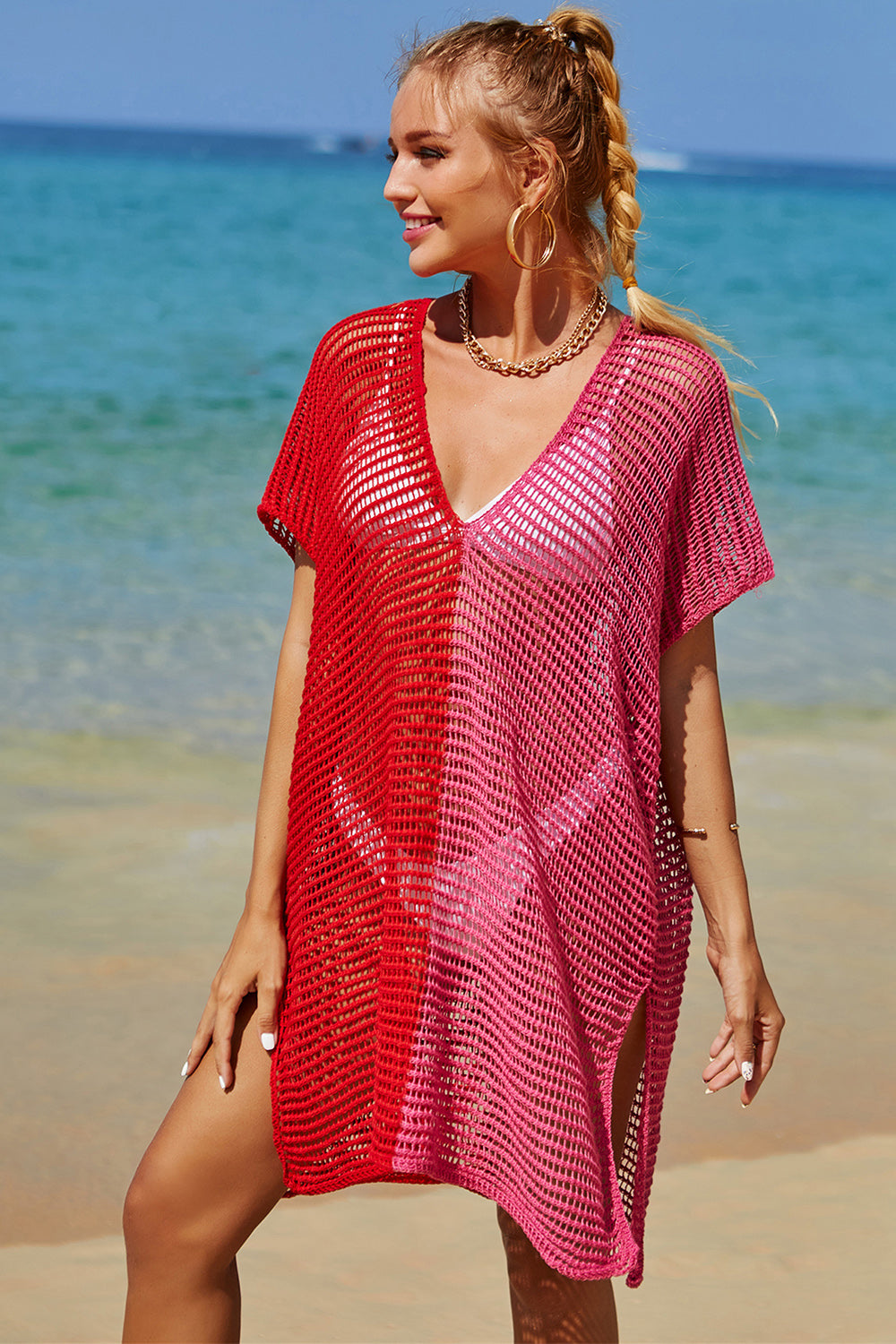 Double Take Openwork Contrast Slit Knit Cover Up (6 Colors) swimwear Krazy Heart Designs Boutique   