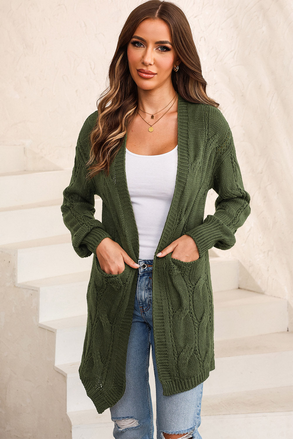 Cable-Knit Dropped Shoulder Slit Cardigan (7 Colors) Shirts & Tops Krazy Heart Designs Boutique Matcha Green S 