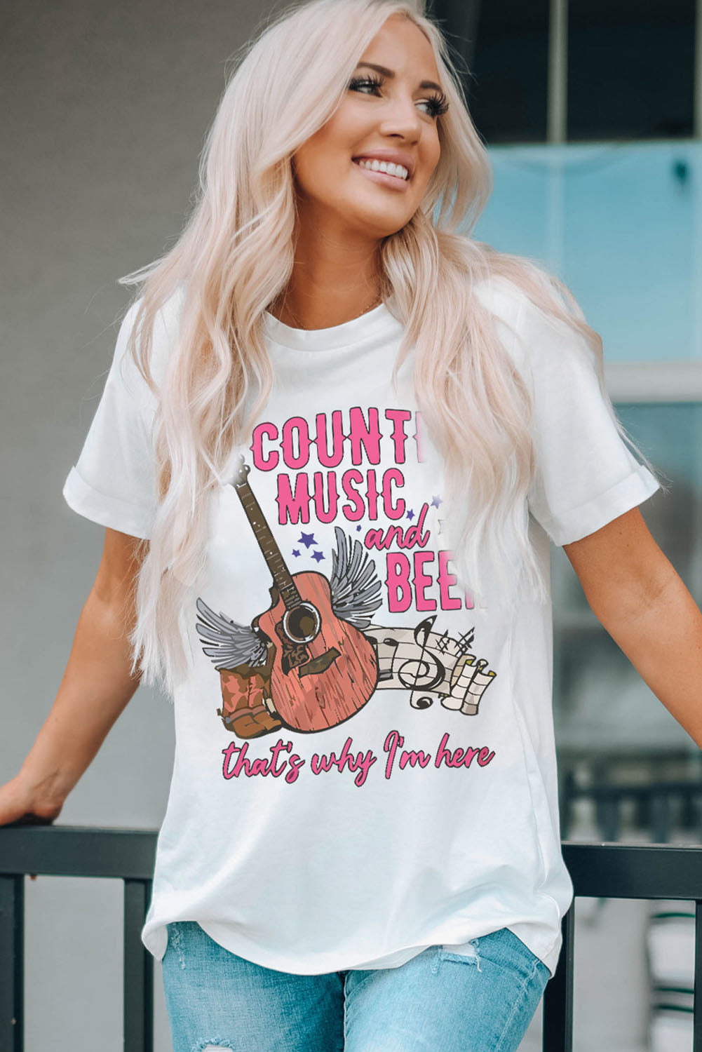 COUNTRY MUSIC & BEER Round Neck Tee Shirts & Tops Krazy Heart Designs Boutique White S 