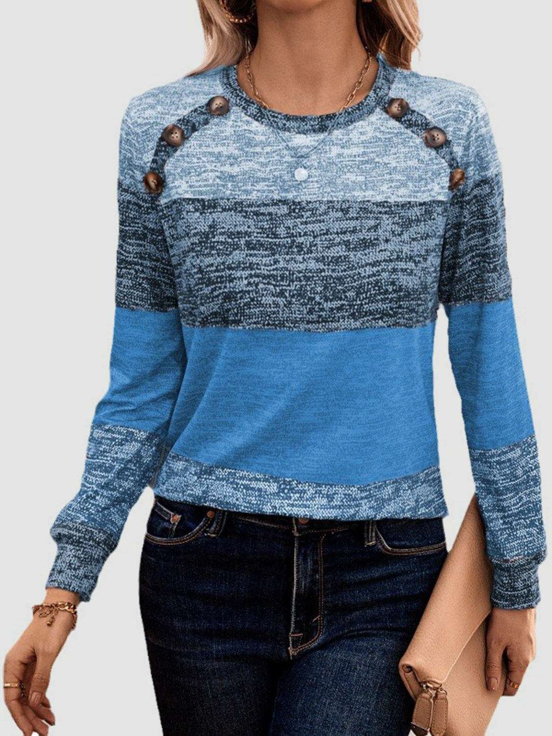 Decorative Button Contrast Round Neck Long Sleeve Top (3 Colors) Shirts & Tops Krazy Heart Designs Boutique   