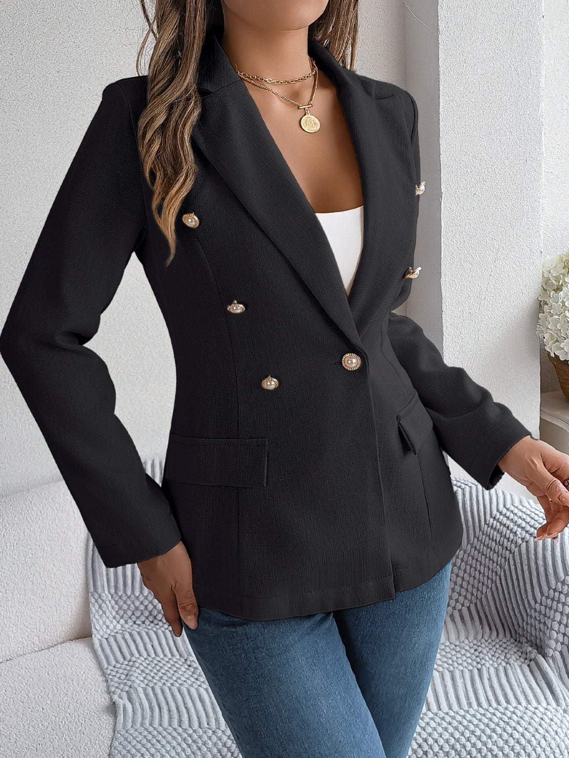 Decorative Button Pocket Flap Lapel Collar Blazer (3 Colors) Blazer Krazy Heart Designs Boutique Black S