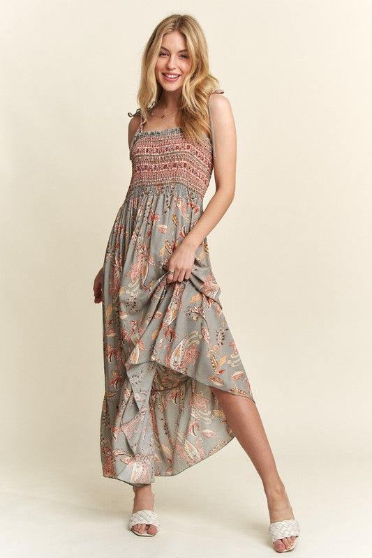 ADORA Vintage Style Print Square Neck Tie Shoulder Cami Dress Dress Krazy Heart Designs Boutique SAGE S