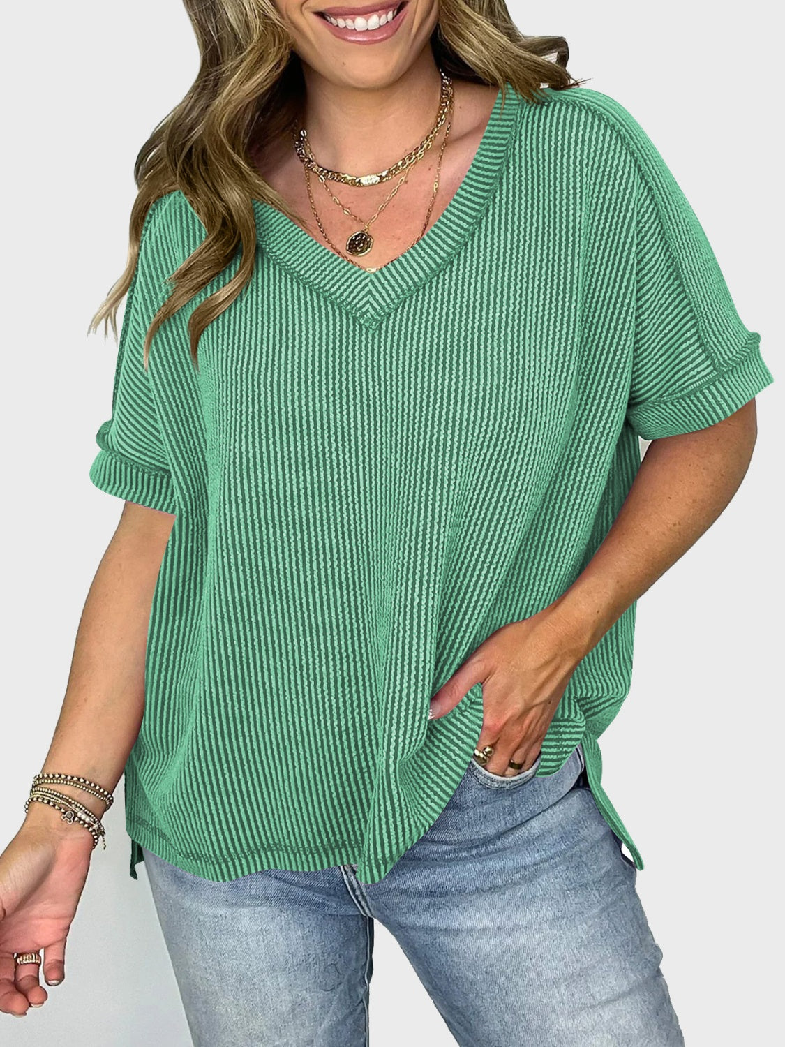 Lovelet Texture V-Neck Half Sleeve Top (5 Colors) Shirts & Tops Krazy Heart Designs Boutique   