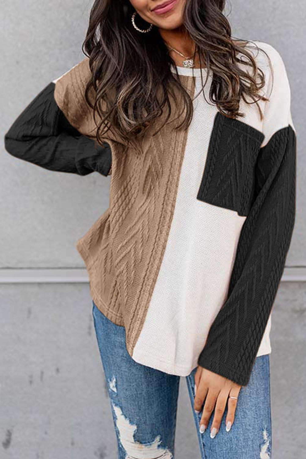 Full Size Color Block Cable-Knit Sweater (3 Colors)  Krazy Heart Designs Boutique Taupe S 