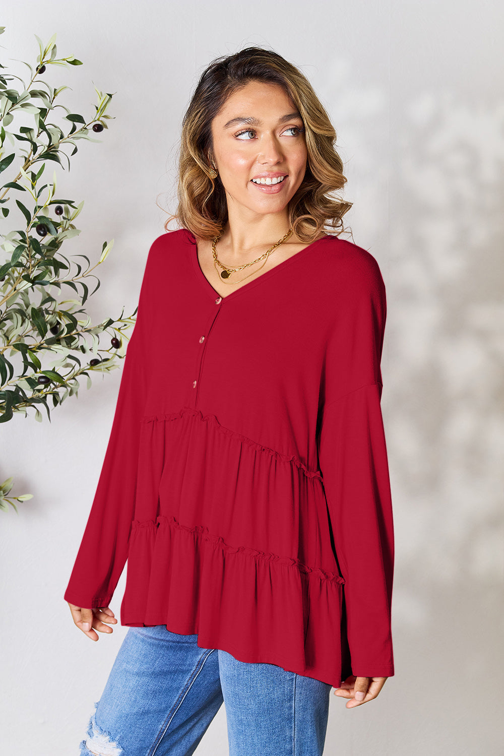 Double Take Half Button Long Sleeve Ruffle Hem Blouse (7 Colors) Shirts & Tops Krazy Heart Designs Boutique Burgundy S 