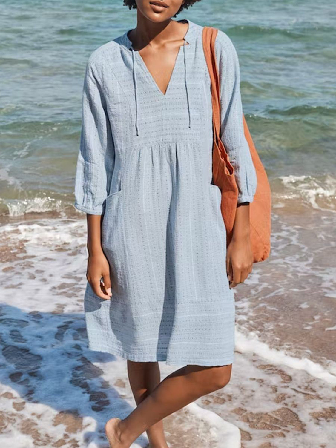 Full Size Tied Three-Quarter Sleeve Mini Dress (4 Colors) Dress Krazy Heart Designs Boutique Light Blue 3XL