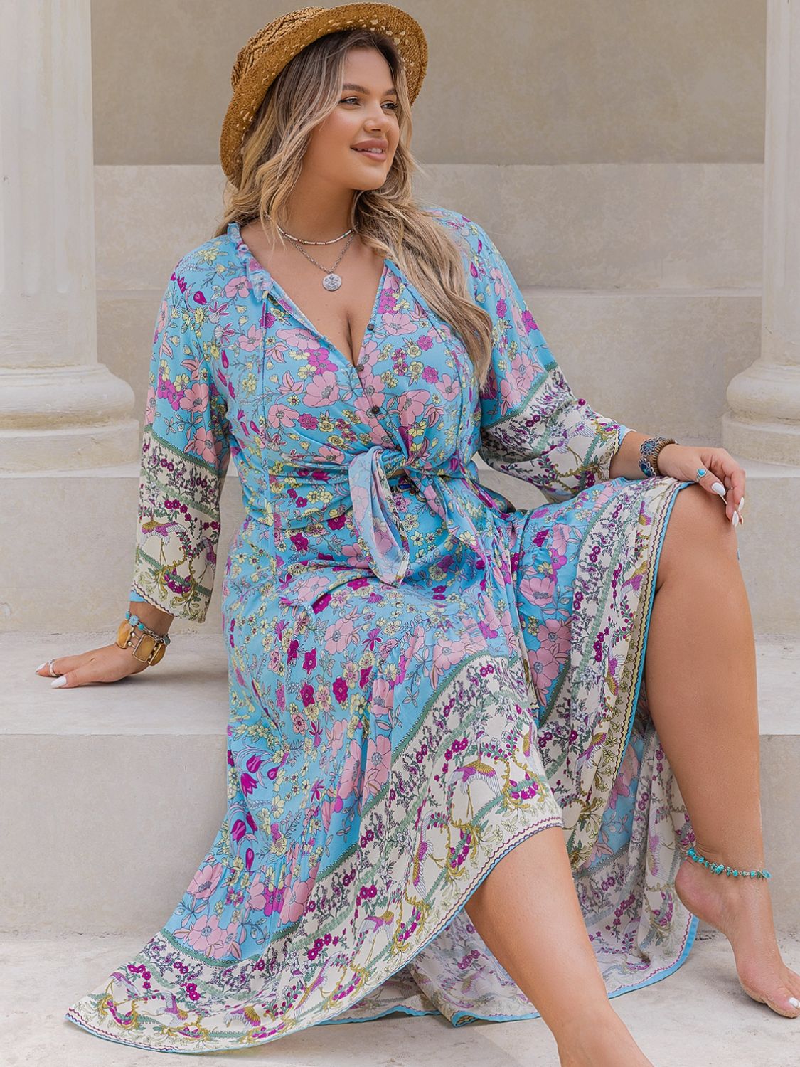 Plus Size Printed Tie Neck Top and Skirt Set Dress Krazy Heart Designs Boutique   