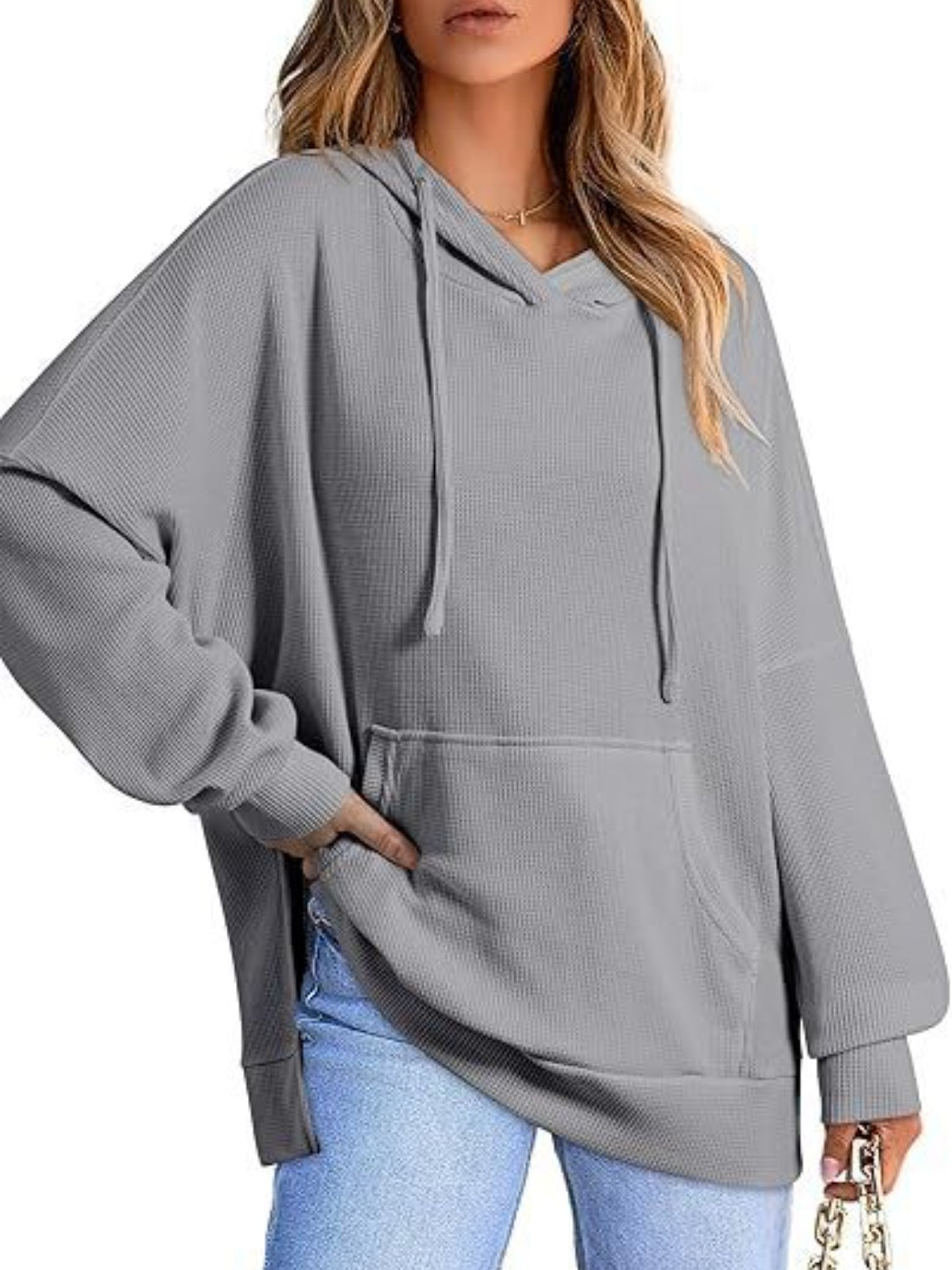 Kangaroo Pocket Drawstring Slit Long Sleeve Hoodie (6 Colors) hoodie Krazy Heart Designs Boutique Gray S