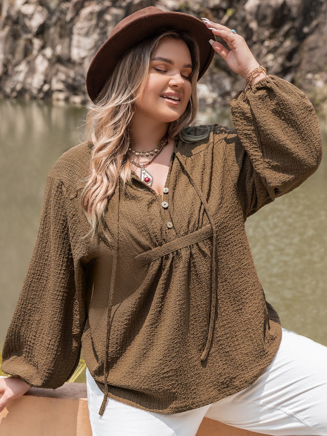 Plus Size Tie Neck Long Sleeve Blouse Shirts & Tops Krazy Heart Designs Boutique   