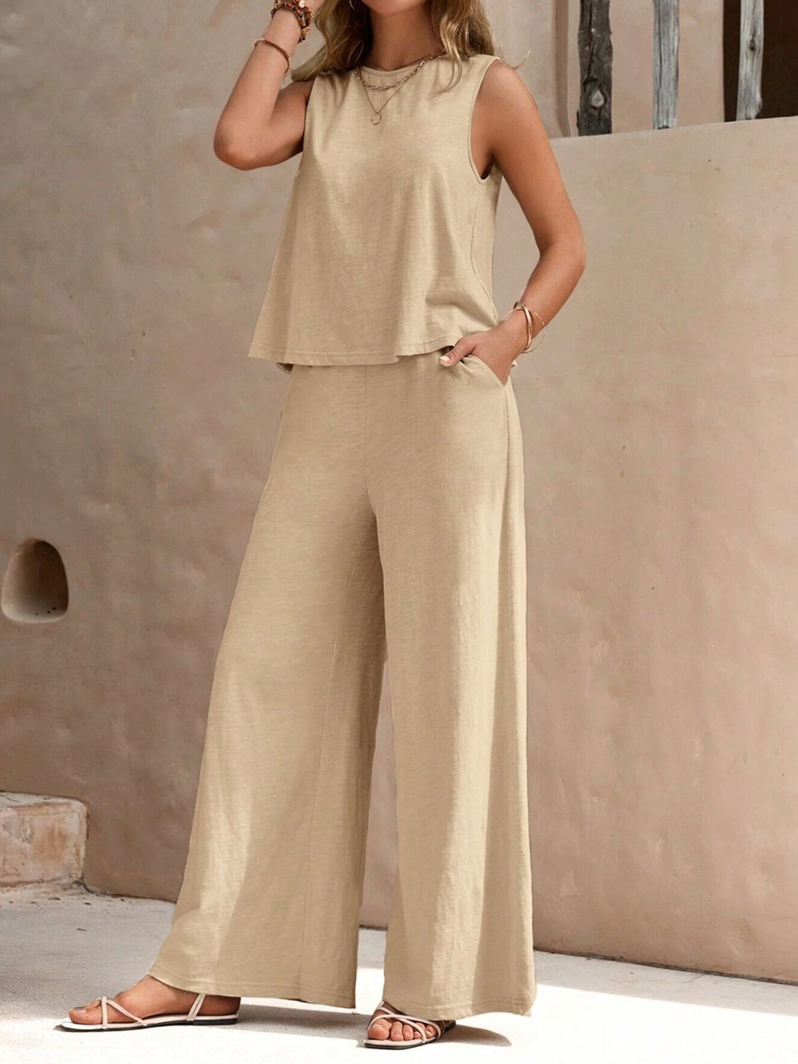 Round Neck Sleeveless Top and Wide Leg Pants Set (5 Colors) Outfit Sets Krazy Heart Designs Boutique Beige S