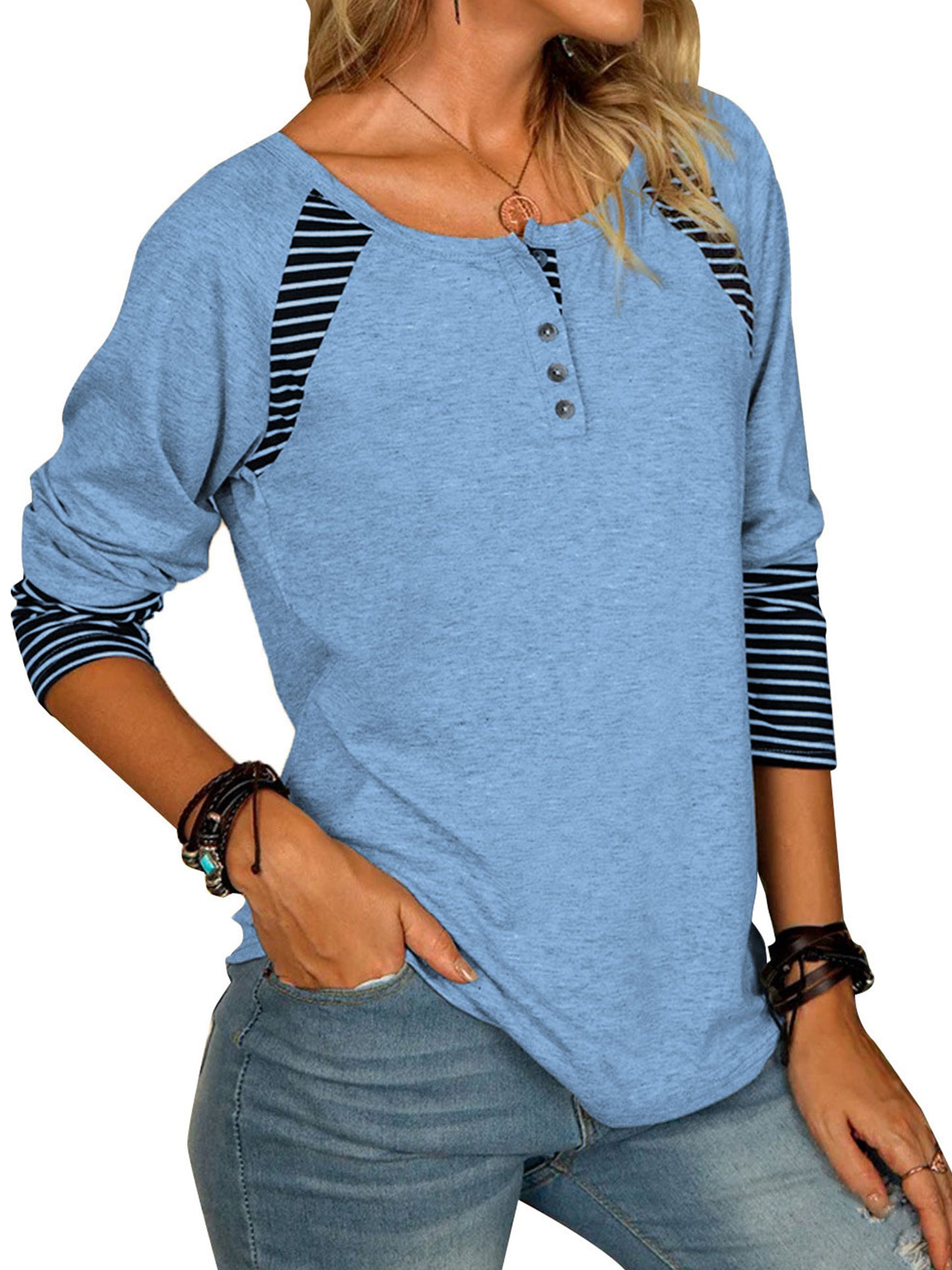 Full Size Striped Quarter Button Long Sleeve Top (6 Colors) Shirts & Tops Krazy Heart Designs Boutique   