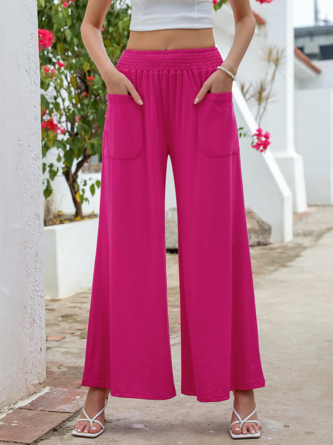 Pocketed Elastic Waist Wide Leg Pants (6 Colors) pants Krazy Heart Designs Boutique Hot Pink S