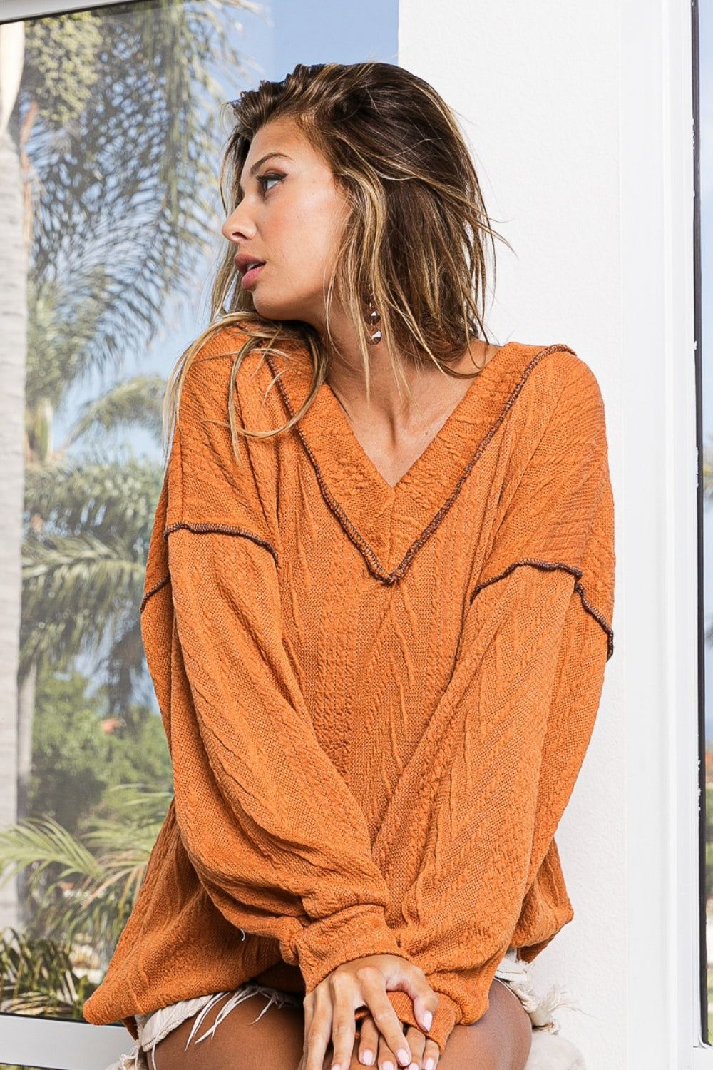 BiBi Textured Exposed Seam Drop Shoulder Knit Top Shirts & Tops Krazy Heart Designs Boutique   