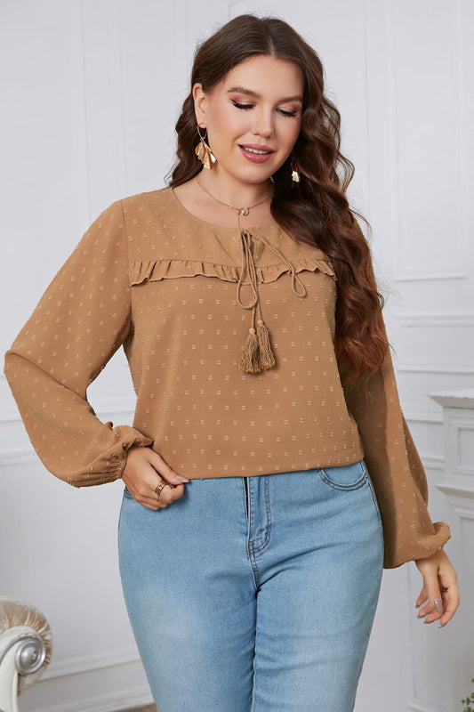 Honey Melo Apparel Plus Size Swiss Dot Frill Trim Round Neck Blouse Shirts & Tops Krazy Heart Designs Boutique   