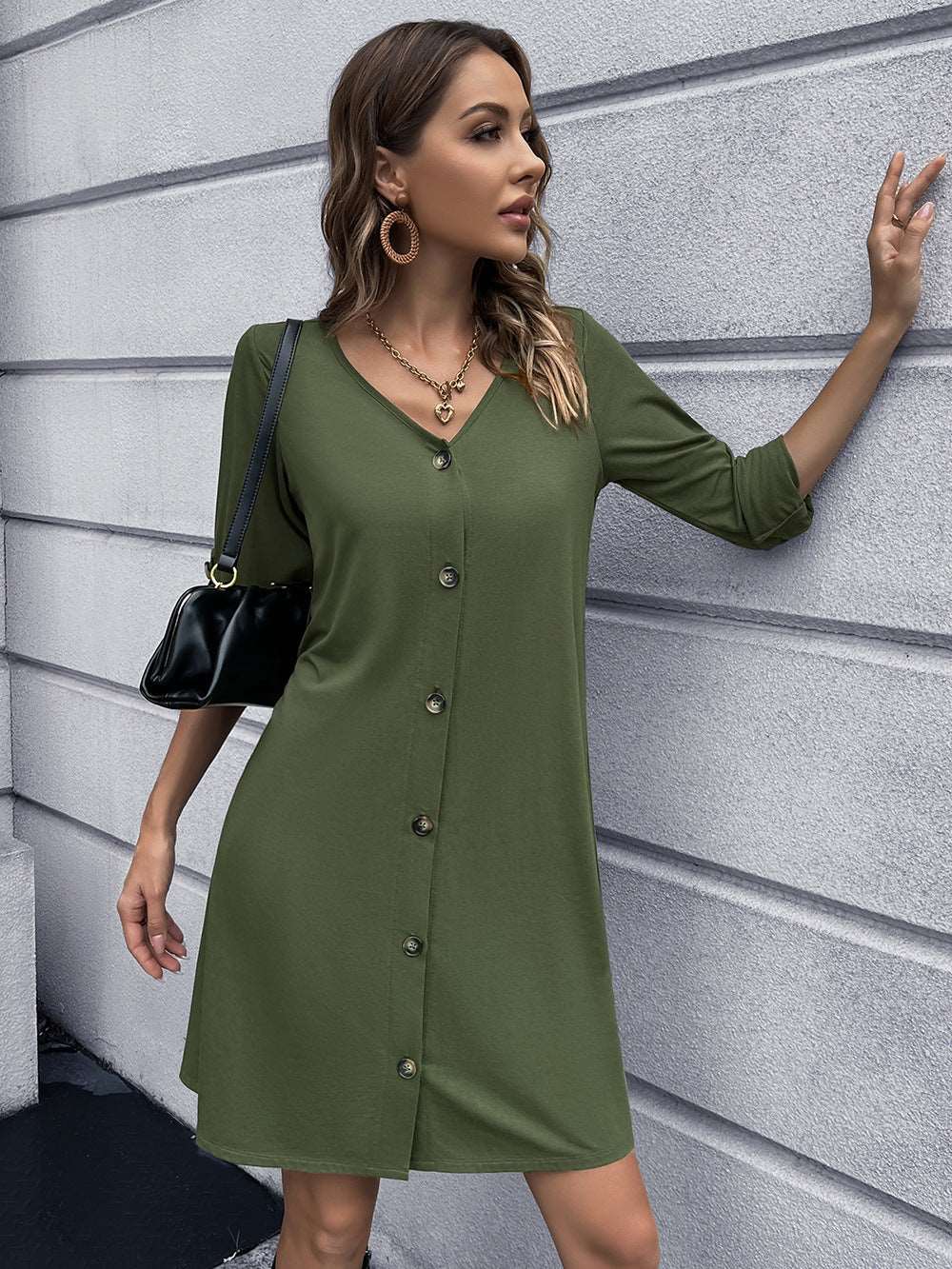 Button Down V-Neck Mini Dress (3 Colors)  Krazy Heart Designs Boutique Matcha Green S 