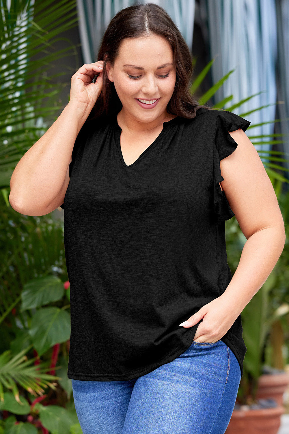 Plus Size Flutter Sleeve Notched Blouse Shirts & Tops Krazy Heart Designs Boutique   