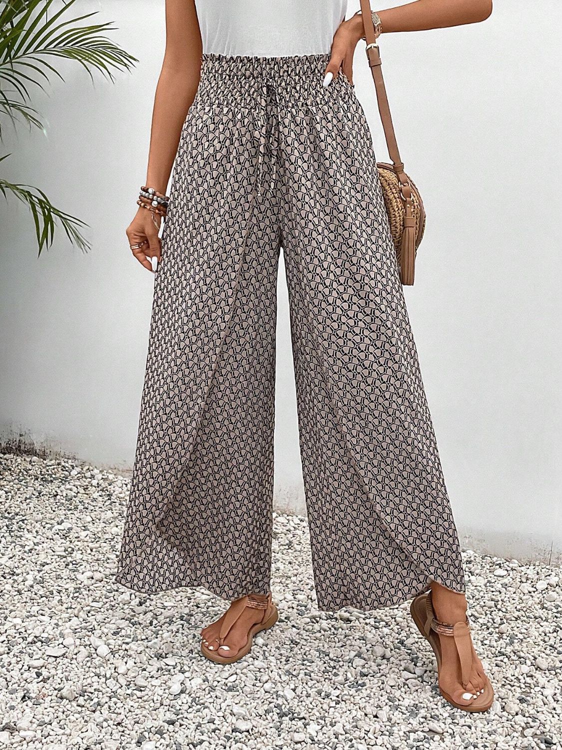 Tied Printed Wide Leg Pants (5 Colors) pants Krazy Heart Designs Boutique Light Gray S