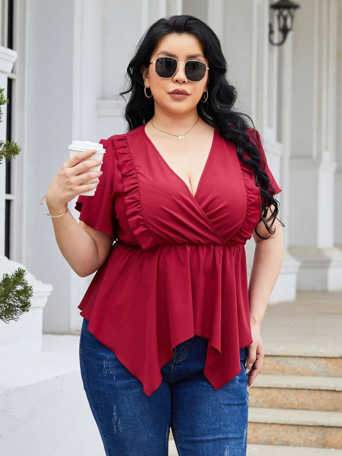 Plus Size Frill Surplice Flutter Sleeve Blouse Shirts & Tops Krazy Heart Designs Boutique   