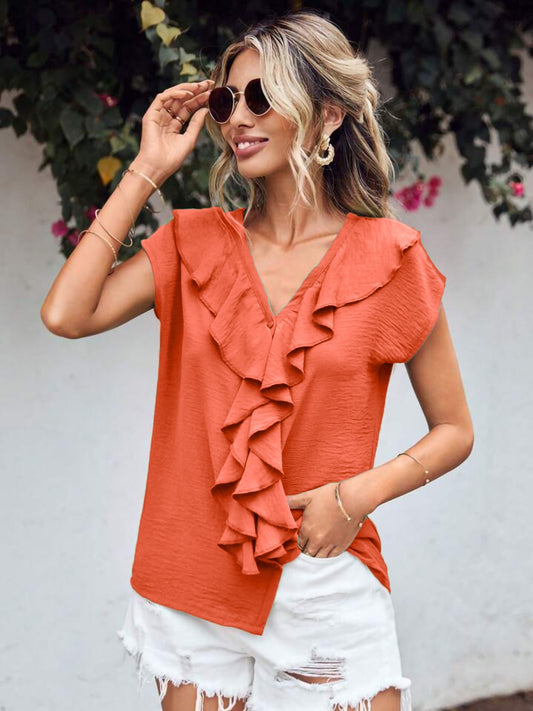 Ruffled V-Neck Short Sleeve Blouse (2 Colors) Shirts & Tops Krazy Heart Designs Boutique Orange-Red S