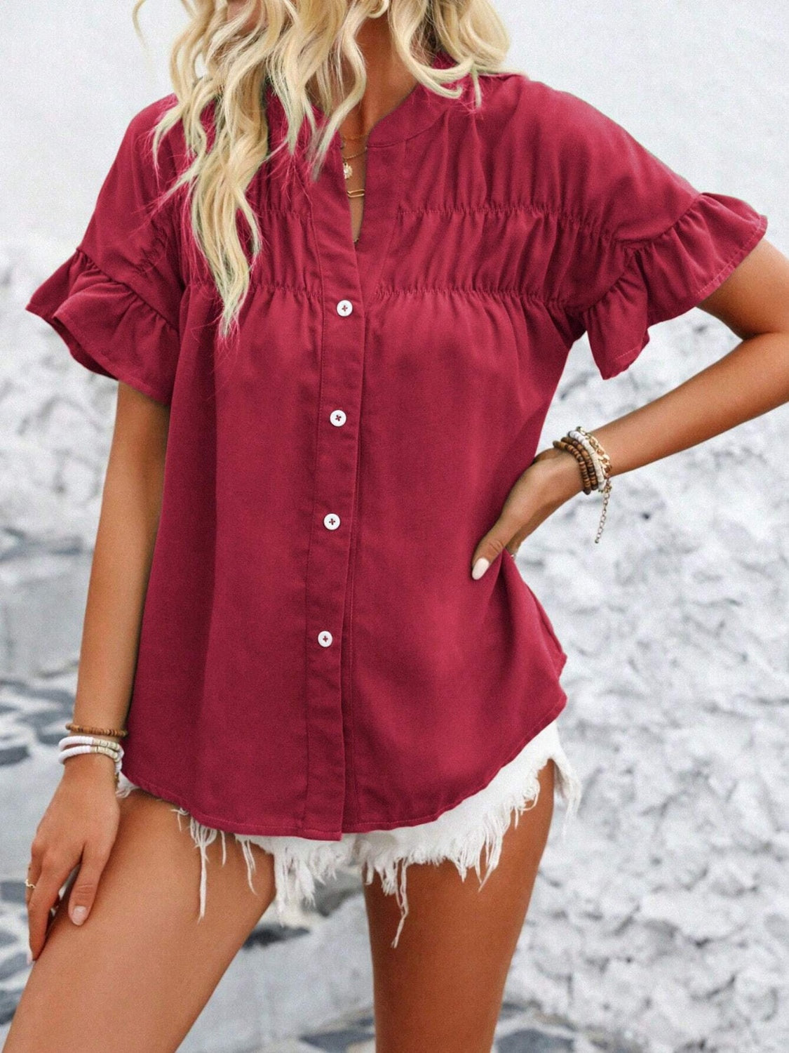 Button Down Ruffled Short Sleeve Shirt (7 Colors) Shirts & Tops Krazy Heart Designs Boutique